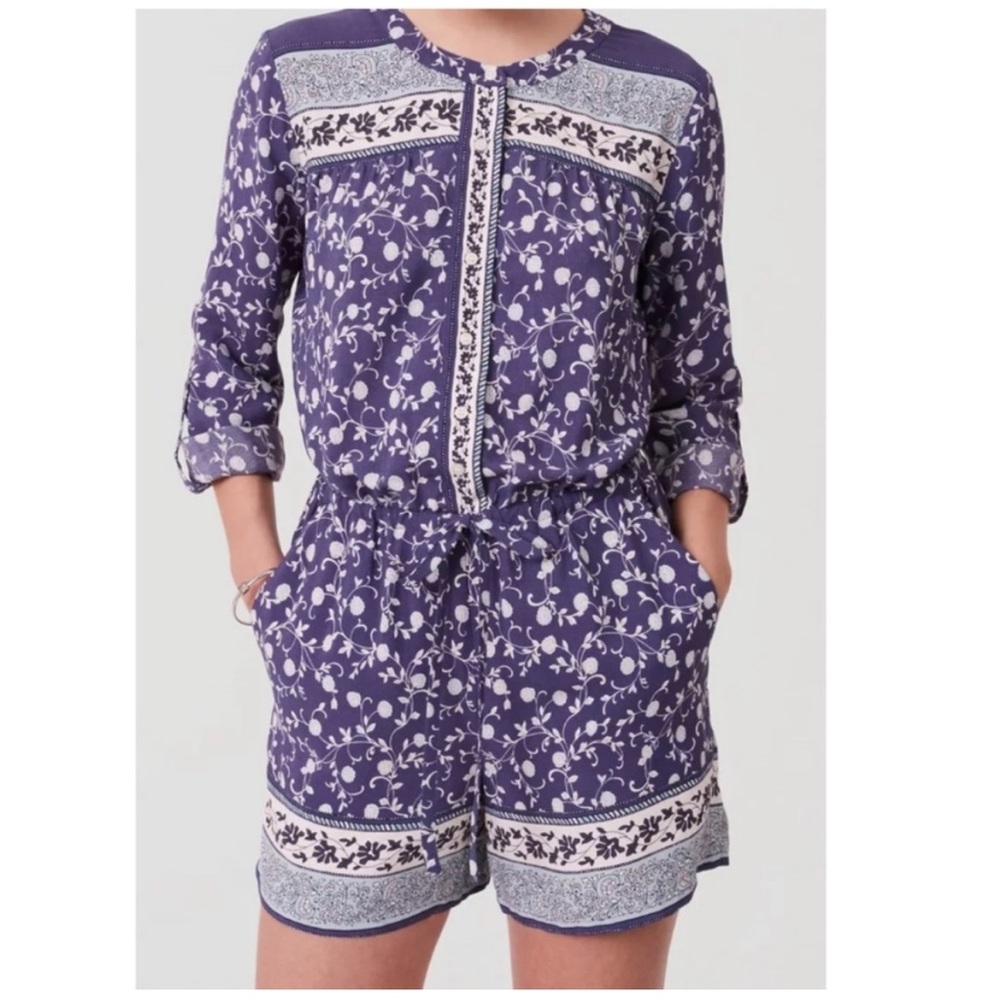 LOFT Romper Blue Floral Long Roll-Tab Sleeves Shorts Button Front Drawstring M